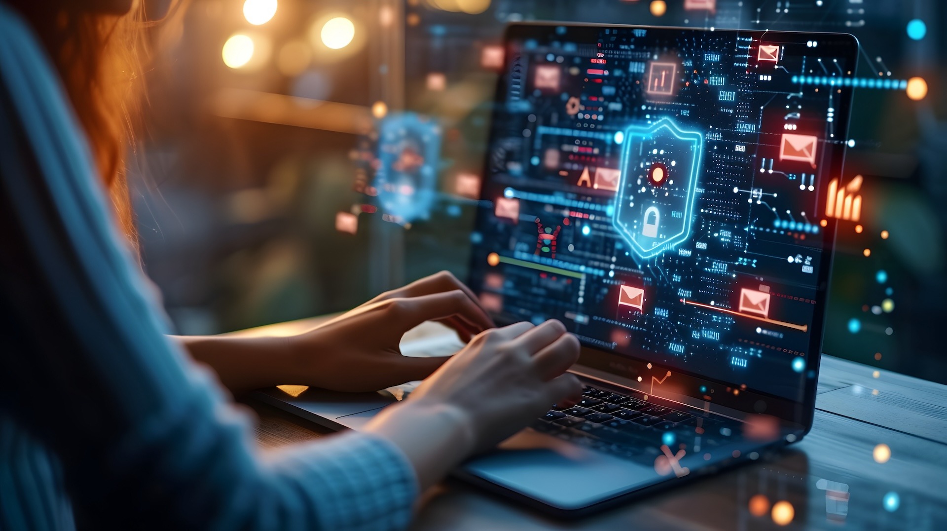 Female cybersecurity expert using laptop with advanced digital security interface.